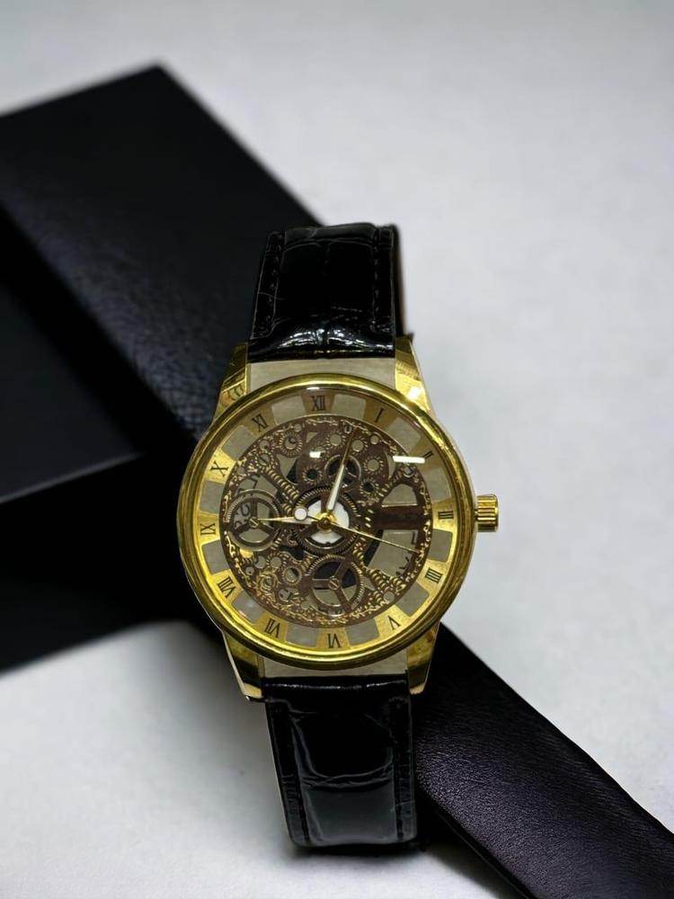 Skeleton Gold Watch (Leather Strap) - Wi Gadget