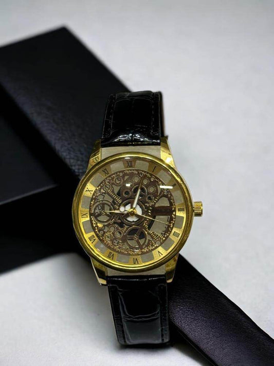 Skeleton Gold Watch (Leather Strap) - Wi Gadget