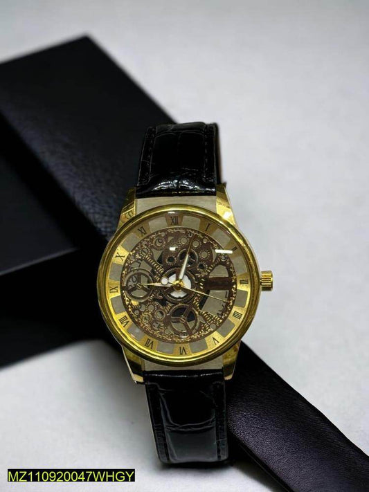 Skeleton Gold Watch (Leather Strap) - Wi Gadget
